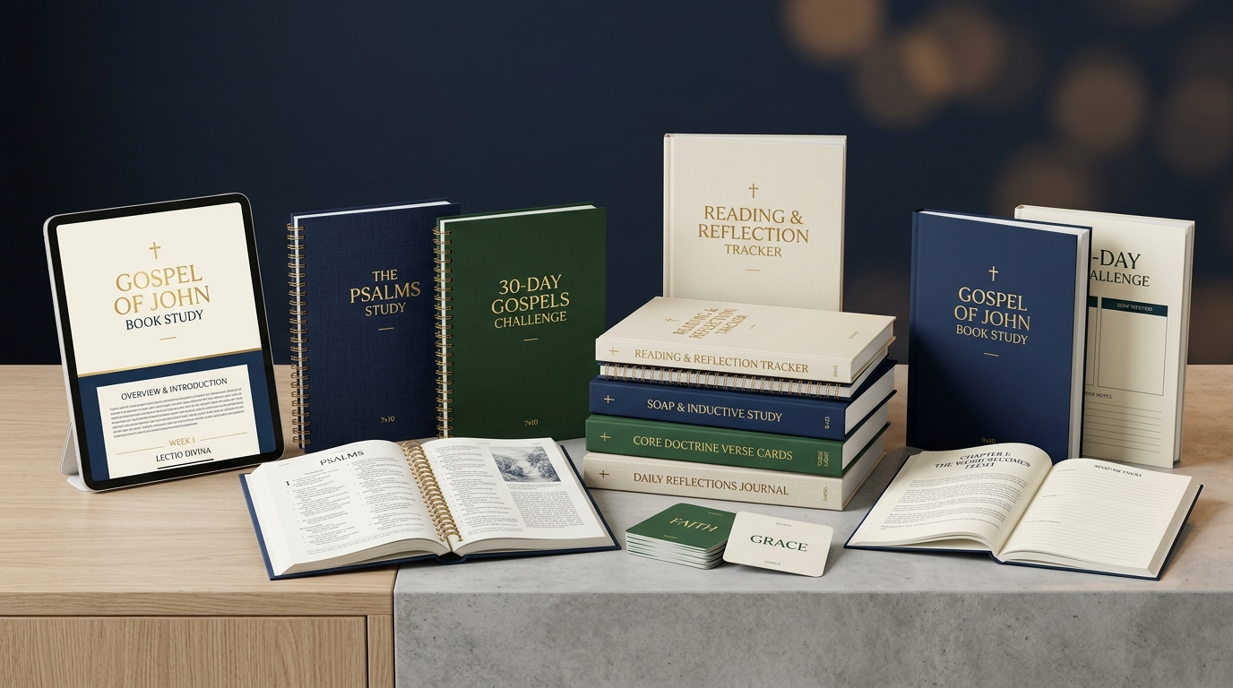 The Bible Study Vault - Complete 9 Workbook Bundle 3D Mockup on Tablets and Printed Books
